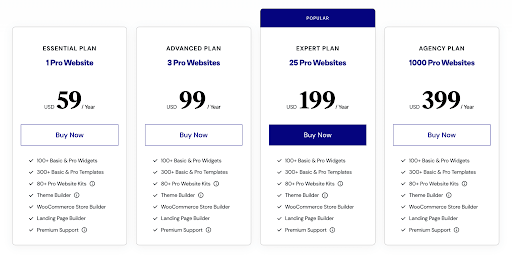 Overview of various pricing options for Elementor, highlighting features and benefits of each plan